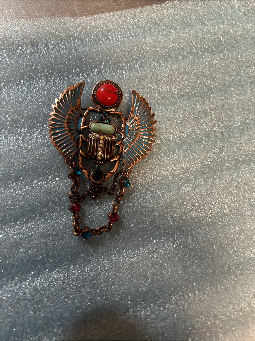 Source Unknown Blue and Coral Winged Scarab Brooch with Chain Drops - Picture 3 of 7